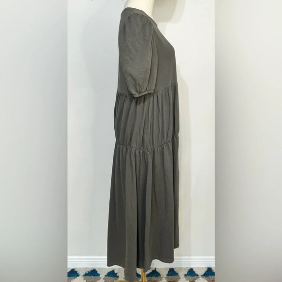 ZARA Cottagecore Tiered Olive Green Maxi Dress Short Bubble Sleeve Size Small - Picture 2 of 7